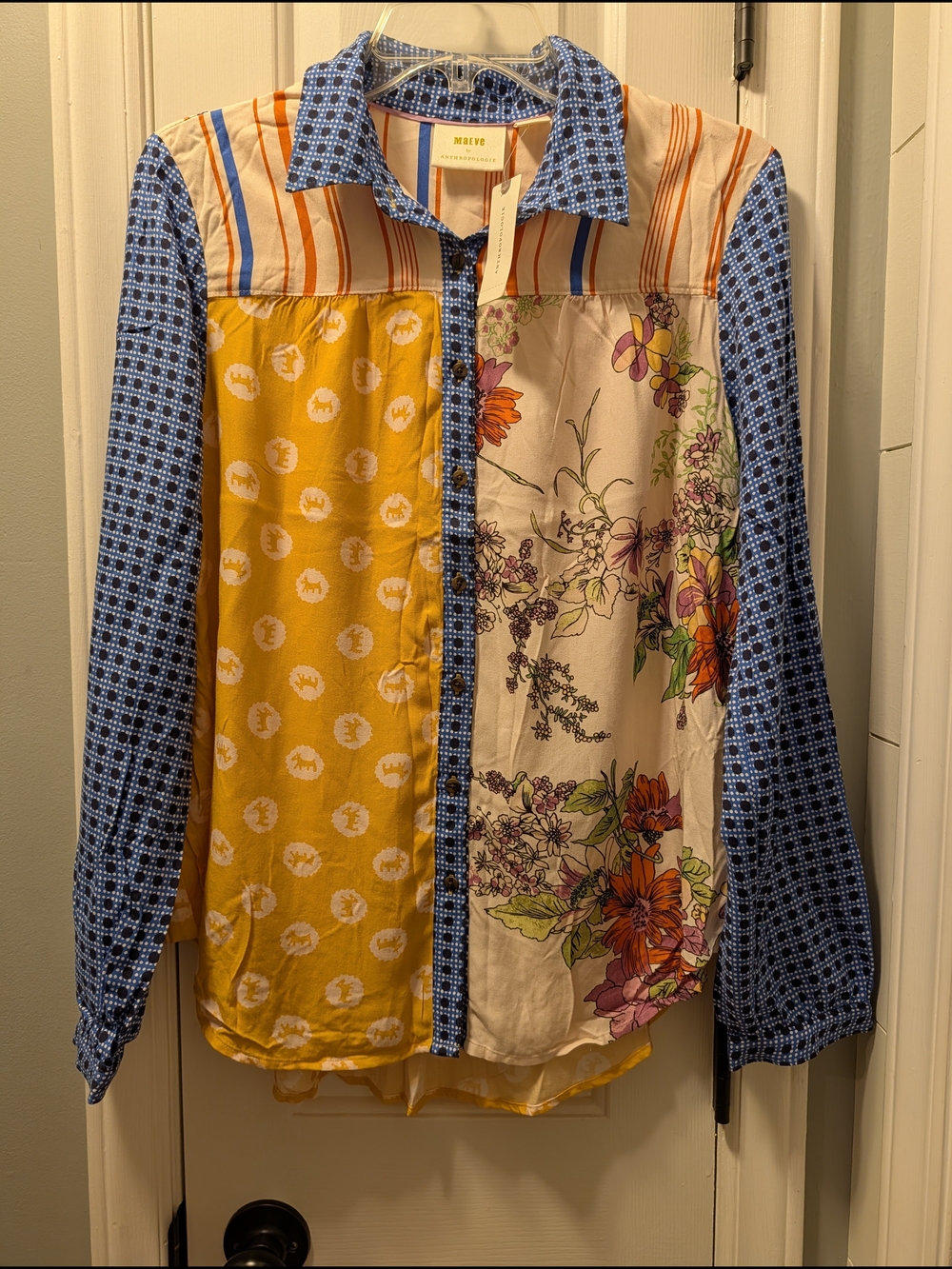 Maeve Mixed-Print Button-Up Blouse in Yellow & Blue